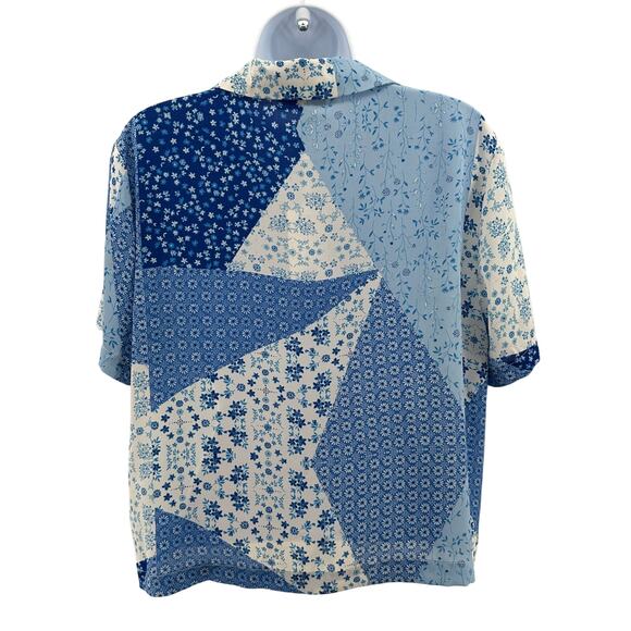 Rose + Olive Shirt Sz M Light Blue White Floral Patchwork Button Up Short Sleeve - Picture 5 of 9